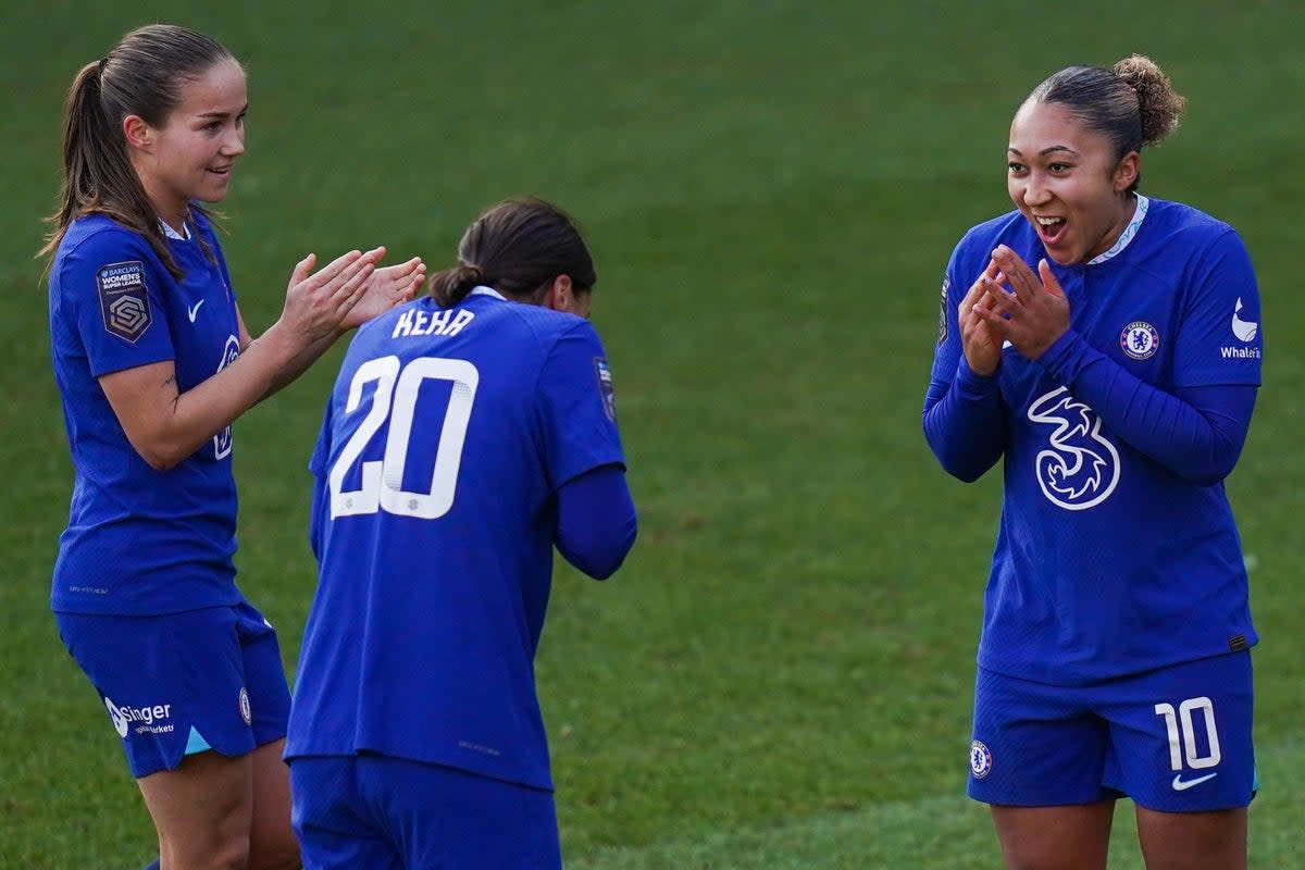 Lauren James, right, celebrates scoring Cheslea’s second goal at Tottenham (Adam Davy/PA) (PA Wire)