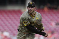 San Diego Padres starting pitcher Joe Musgrove follows through during the first inning of the team's baseball game against the Cincinnati Reds on Tuesday, May 21, 2024, in Cincinnati. (AP Photo/Carolyn Kaster)