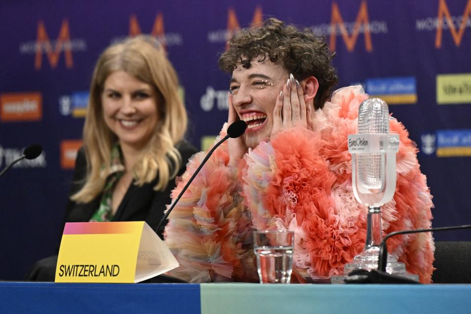 This year's winner Nemo, representing Switzerland, speaks at a news conference after winning the Eurovision title.