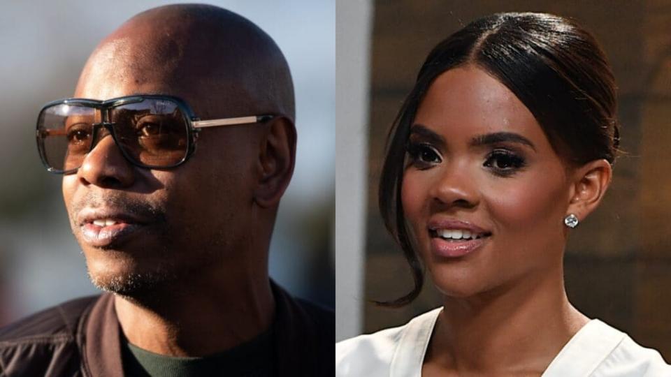 On his recent podcast, “The Midnight Miracle,” comedian Dave Chappelle (left) asked his co-hosts, “There is no possible way that I owe Candace Owens (right) an apology, is there?” (Photos by Sean Rayford/Getty Images and Jason Davis/Getty Images)