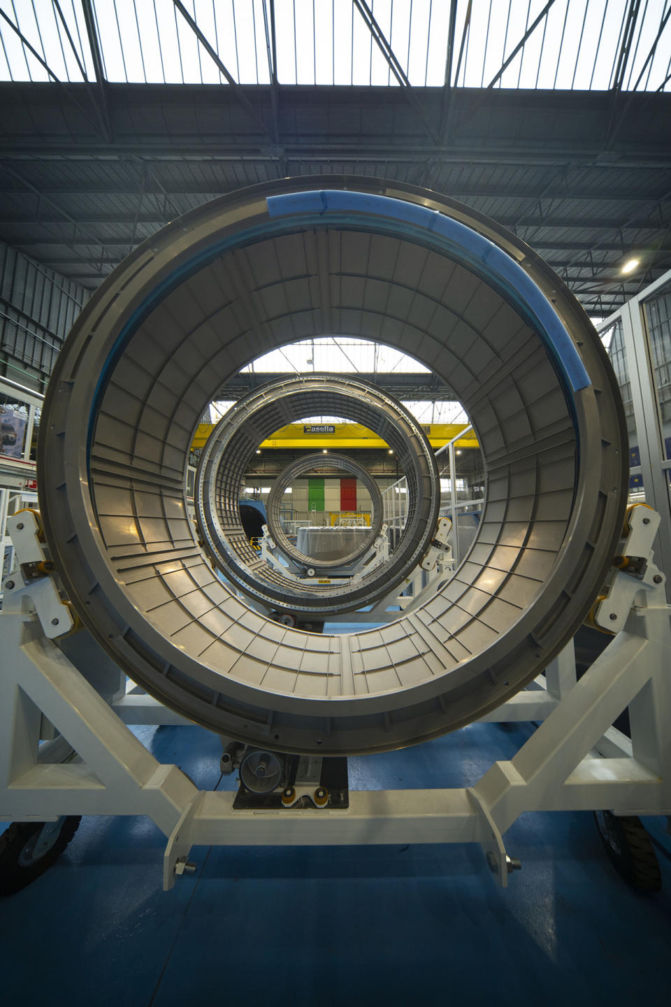 Rings of the pressure vessel for ESA's I-Hab (International Habitat) module for NASA Artemis Gateway lunar orbit outpost are seen at Thales Alenia Space in Turin, Italy.