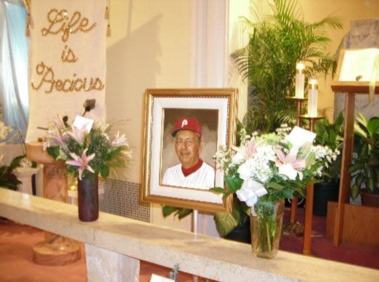 A portrait of Danny Ozark as the Philadelphia Phillies manager is shown at his funeral  in Vero Beach, Florida, May 13, 2009.