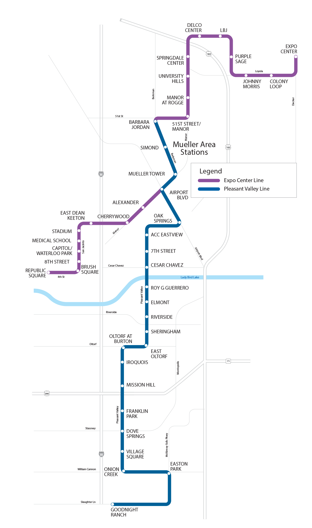 A map shows two proposed high frequency bus lines in East Austin — the Pleasant Valley MetroRapid and Expo Center MetroRapid — slated to come online 2025.