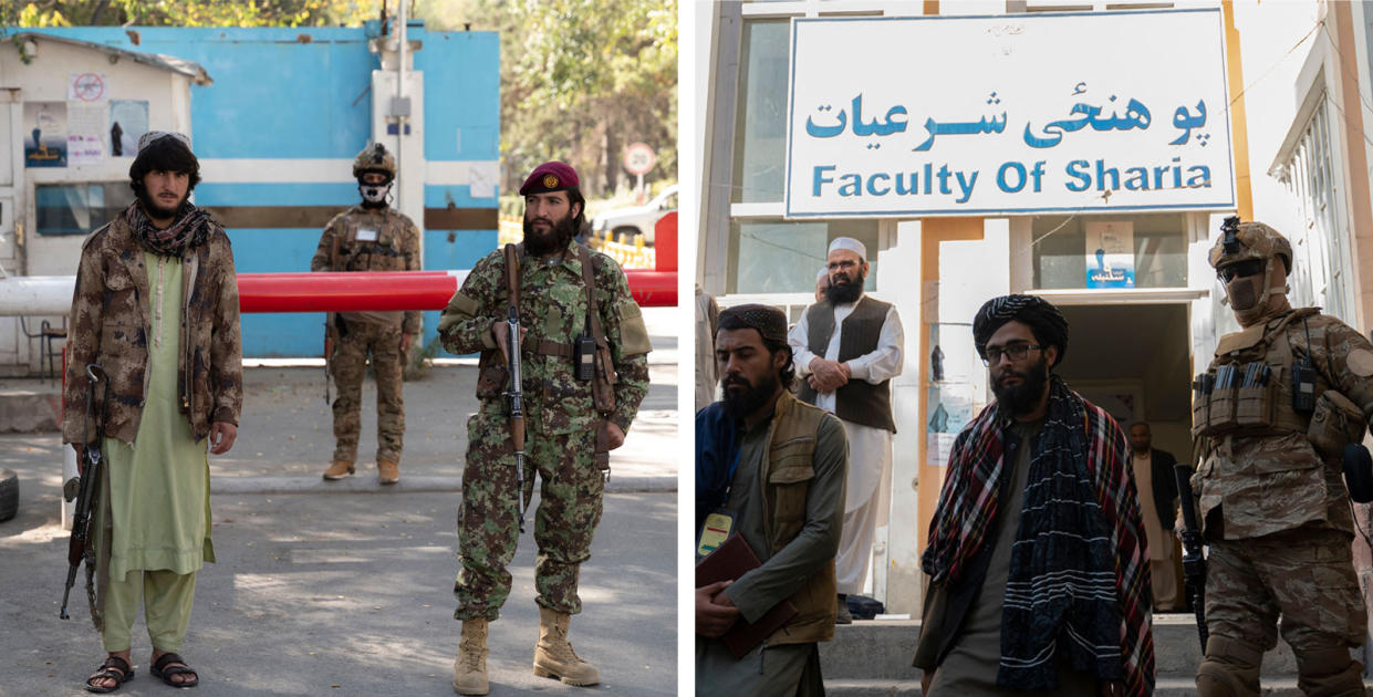 Left: Taliban fighters stand guard as students sit for their university entrance exams, at an entrance gate of Kabul university in Kabul on Oct. 13, 2022. Right: Taliban security personnel escort Taliban members as they leave the Faculty of Sharia at Kabul University in Kabul on Oct. 13, 2022.