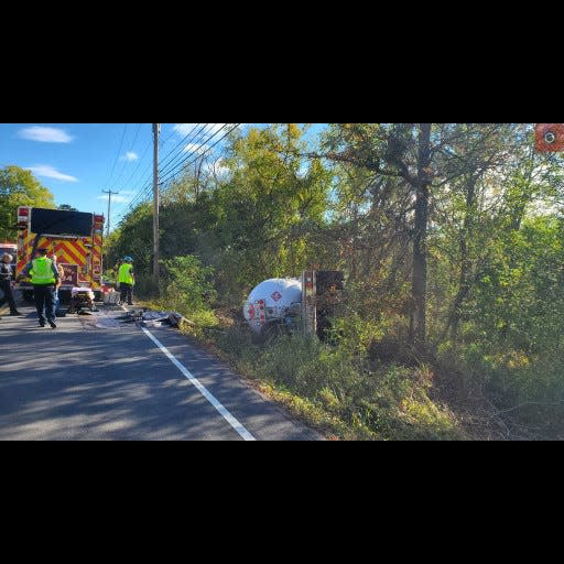 A propane truck overturned on Ferry Road at Old Iron Hill Road on Monday Oct. 16, 2023 prompting about two dozen home evacuations and road closures for most of the day.