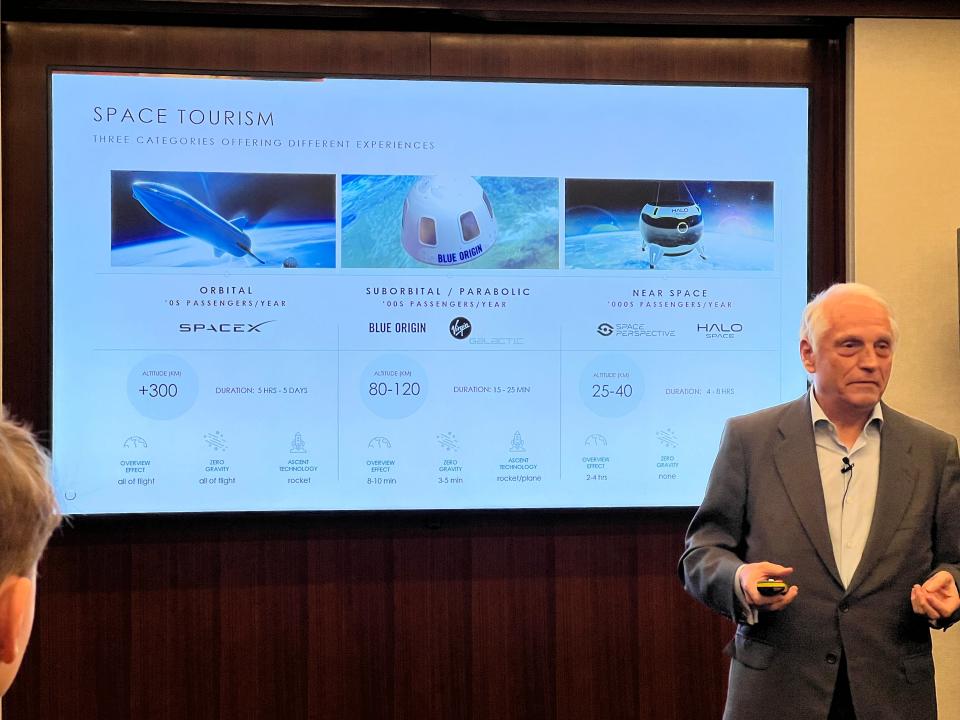 Carlos Mira, at a Halo Space press conference stands in front of a slide showing the differences between SpaceX, Blue Origin, and Halo space tourism in terms of altitude and duration.