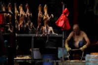 Butchered dogs displayed for sale at a stall inside a meat market during the local dog meat festival, in Yulin, Guangxi Zhuang Autonomous Region, China June 21, 2018. REUTERS/Tyrone Siu