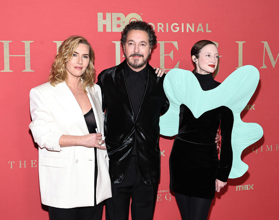 (L-R) Kate Winslet, Guillaume Gallienne and Andrea Riseborough attend HBO's "The Regime" New York Premiere at American Museum of Natural History on February 26, 2024 in New York City.