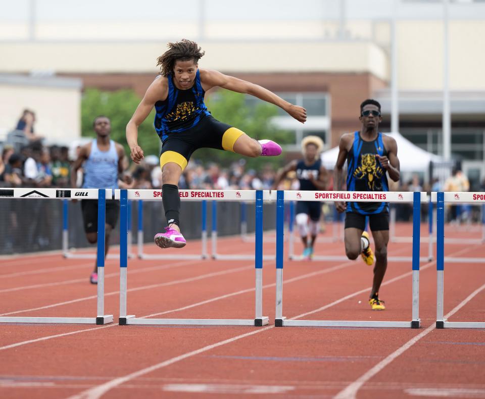 Alexis I. du Pont’s Dallas Parker wins the boys Division II 300-meter hurdles at the DIAA Track and Field Championships on Saturday, May 20, 2023, at Dover High.