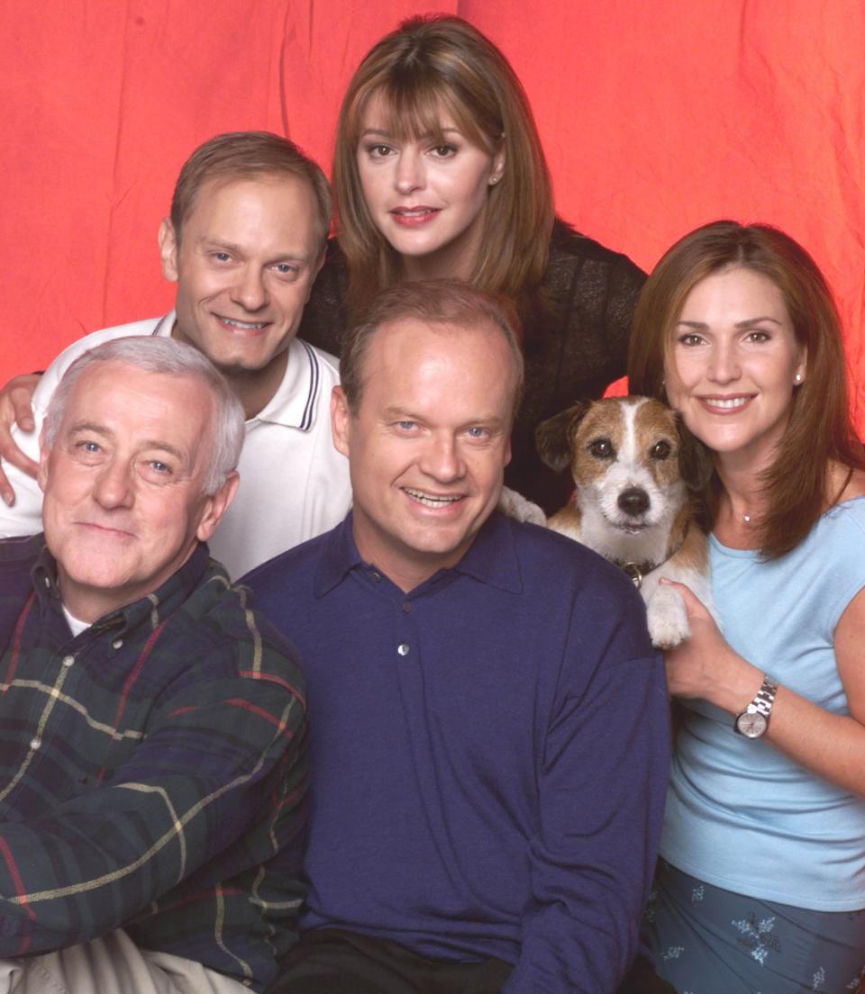 The cast of the original "Frasier" (clockwise from top left): David Hyde Pierce as Dr. Niles Crane, Jane Leeves as Daphne Moon, Peri Gilpin as Roz Doyle, Kelsey Grammer as Dr. Frasier Crane, John Mahoney as Martin Crane.