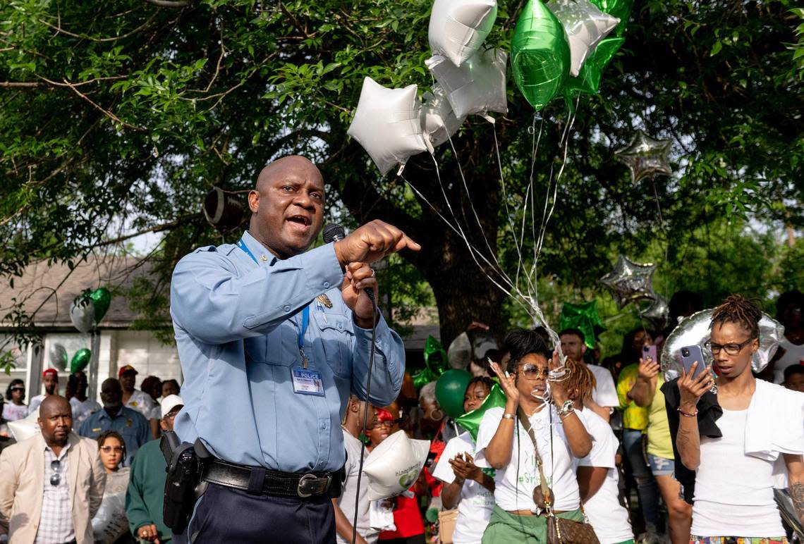 KCKPD Chief Karl Oakman promises to find the suspects in the killing of 6-year-old Sir’Antonio Brown during a vigil on Wednesday, May 10, 2023, in Kansas City, Kan. Brown was killed May 3 while playing outside his home.