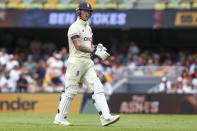 England's Ben Stokes walks from the field after he was dismissed during day one of the first Ashes cricket test at the Gabba in Brisbane, Australia, Wednesday, Dec. 8, 2021. (AP Photo/Tertius Pickard)