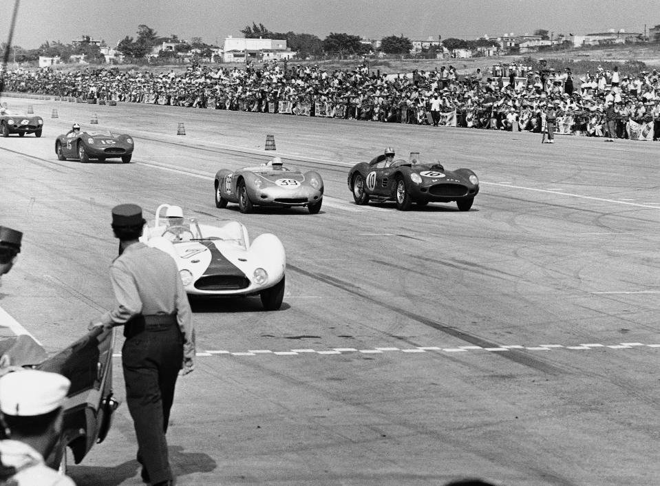 The Grand Prix of Cuba shows England’s Stirling Moss in front (car 7), he held pole position, and that is the way he finished in Havana, Cuba on Feb. 28, 1960. Other starters shown are Pedro Rodriguez (car 10) who finished second and his brother, Ricardo Rodriguez (car 39) who ran third until the 23rd lap when he was forced out of the race. (AP Photo/Harold Valentine)