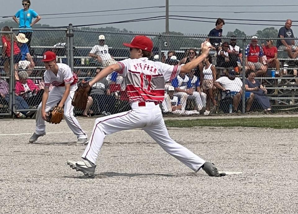 Brennen Pfeiffer pitches for Bedford Elite during an 11-1 win over Bedford North in the 63rd annual Monroe County Fair Baseball Tournament Sunday.