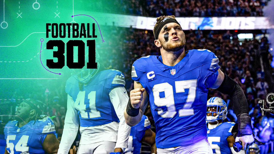 DETROIT, MICHIGAN - 15 SEPTEMBER: Aidan Hutchinson #97 dari Detroit Lions berlari ke lapangan sebelum pertandingan melawan Tampa Bay Buccaneers di Ford Field pada 15 September 2024 di Detroit, Michigan. Buccaneers mengalahkan Lions dengan skor 20-16. (Foto oleh Lauren Leigh Bacho/Getty Images)