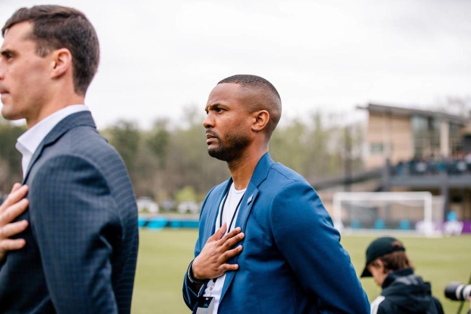 Darrius Barnes observers the national anthem prior to a Crown Legacy FC match at Sportsplex in Matthews. He was the team president in the MLS NEXT Pro club’s inaugural season in 2023.