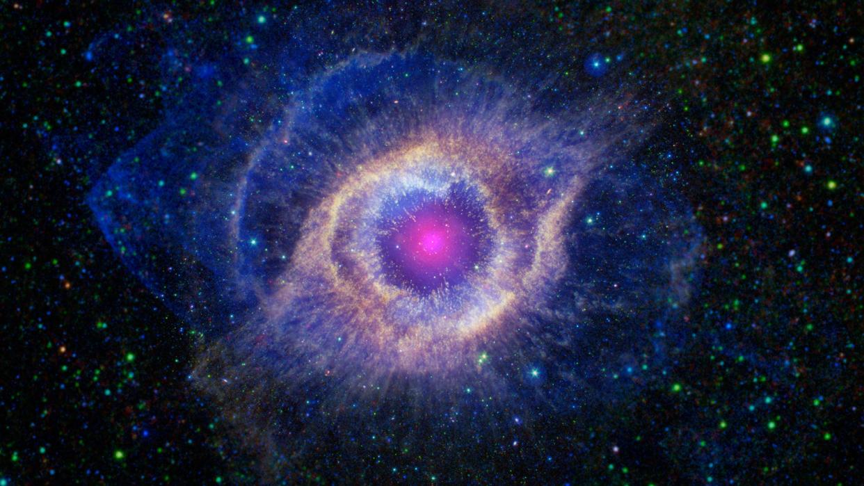 In about 5 billion years, our Sun will run out of fuel and expand, possibly engulfing Earth. These end stages of a star’s life can be utterly beautiful as is the case with this planetary nebula called the Helix Nebula. Astronomers study these objects by looking at all kinds of light, including X-rays that the Chandra X-ray Observatory sees.