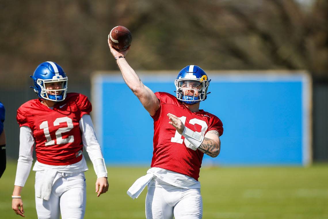 Ex-North Carolina State quarterback Devin Leary (13) brings 26 prior games of starting experience to Kentucky.