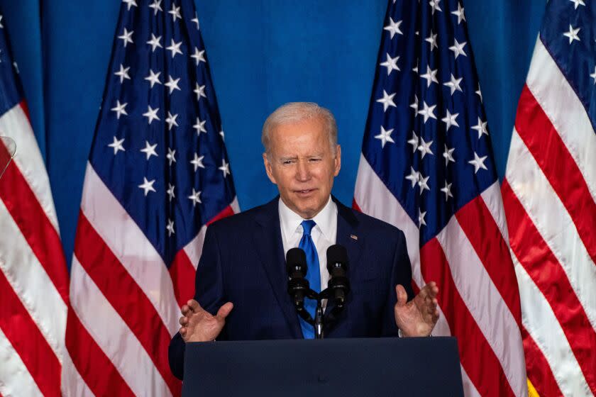 WASHINGTON, DC - NOVEMBER 02: President Joe Biden delivers remarks on preserving and protecting democracy as Election Day approaches at the Columbus Club at Union Station on Wednesday, Nov. 2, 2022 in Washington, DC. (Kent Nishimura / Los Angeles Times)