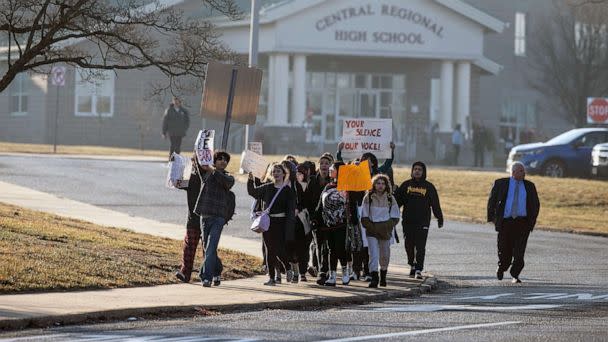 PHOTO: Students of Central Regional High School protest along Forest Hills Parkway in Berkeley Township, N.J., Feb. 8, 2023. (Doug Hood/USA TODAY Network, FILE)