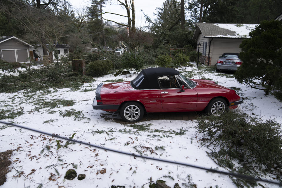 Debris is scattered around a vehicle after a storm moved through the area on Tuesday, Jan. 16, 2024, in Lake Oswego, Ore. (AP Photo/Jenny Kane)