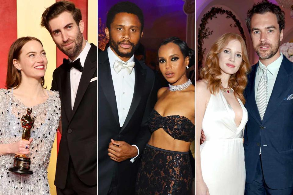 <p>Getty</p> Emma Stone, Kerry Washington and Jessica Chastain with their husbands