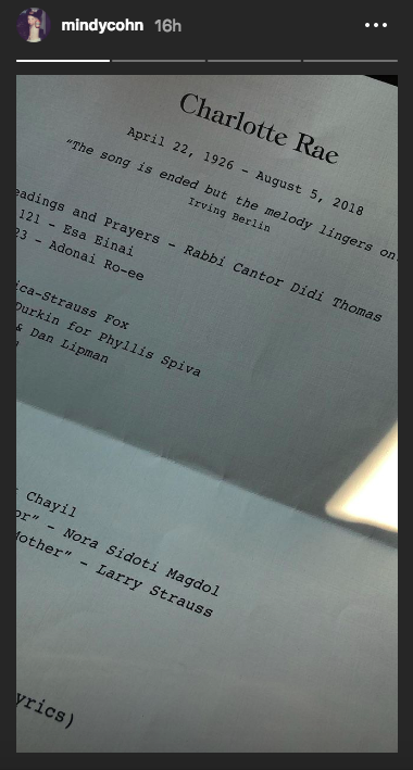 Mindy Cohn shared a snapshot of Charlotte Rae’s memorial program. (Image: Mindy Cohn via Instagram)