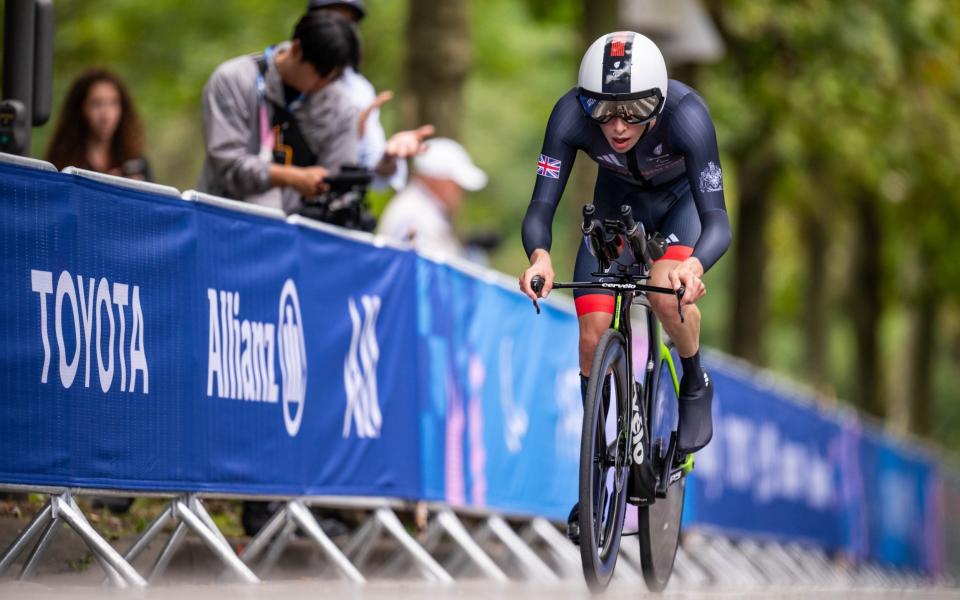 Finlay Graham of Team Great Britain competes during the Men's C3 Individual Road Cycling Time Trial on day seven of the Paris 2024 Summer Paralympic Games