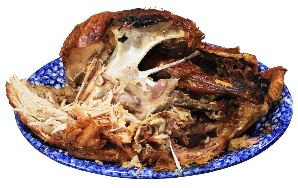 Leftovers, as one French chef put it, 'can be as good as, if not better than, the first time they are served.' <a href="https://www.shutterstock.com/image-photo/half-eaten-turkey-carcass-on-blue-77204038?src=e3e515e0-b44d-4b0c-92de-10183888f5d9-5-66" rel="nofollow noopener" target="_blank" data-ylk="slk:Tom Grundy/Shutterstock.com;elm:context_link;itc:0;sec:content-canvas" class="link ">Tom Grundy/Shutterstock.com</a>