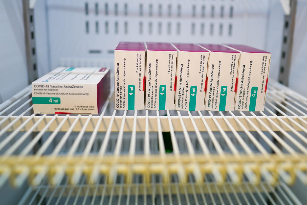 PENRITH, ENGLAND - MARCH 25: A supply of the AstraZeneca/Oxford University Covid-19 Vaccine is stored in a fridge at the Penrith Auction Mart Vaccination Centre on March 25, 2021 in Penrith, England. Nearly 29 million people have received their first dose of a Covid-19 vaccine in the UK, with more than 2.5 million having received a second dose. (Photo by Ian Forsyth/Getty Images)