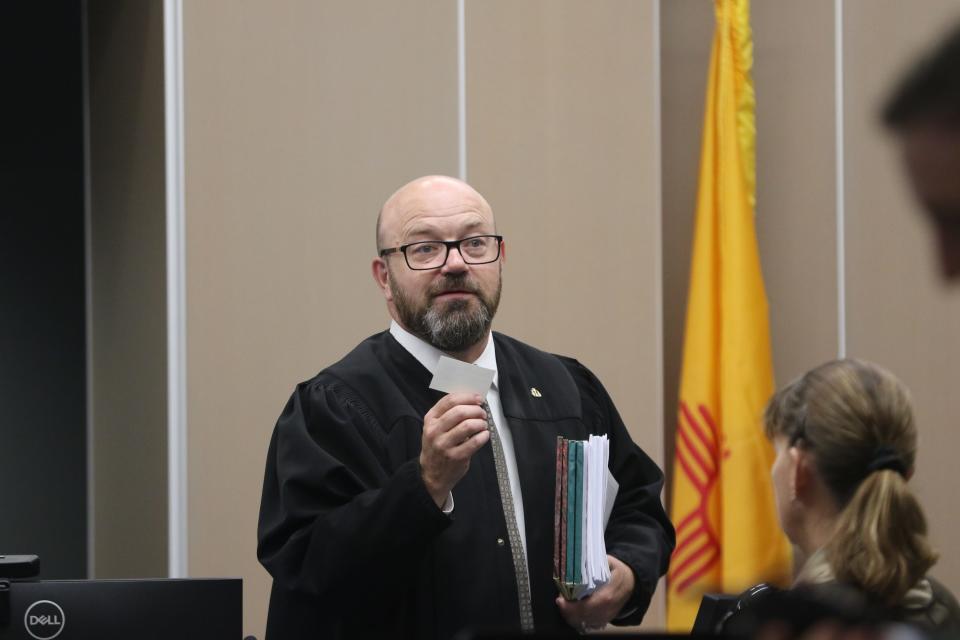 Ninth Judicial District Judge Fred Van Soelen exits the bench at the conclusion of the New Mexico gerrymandering trial, Sept. 28, 2023 in Lea County District Court in Lovington.