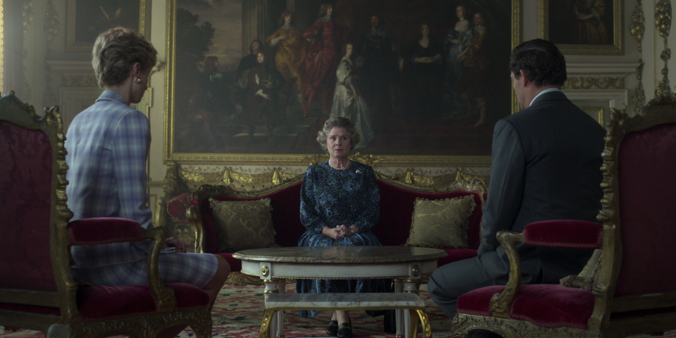 (L-R) Elizabeth Debicki as Princess Diana, Imedla Staunton as Queen Elizabeth II, and Dominic West as Prince Charles in <i>The Crown</i><span class="copyright">Netflix</span>
