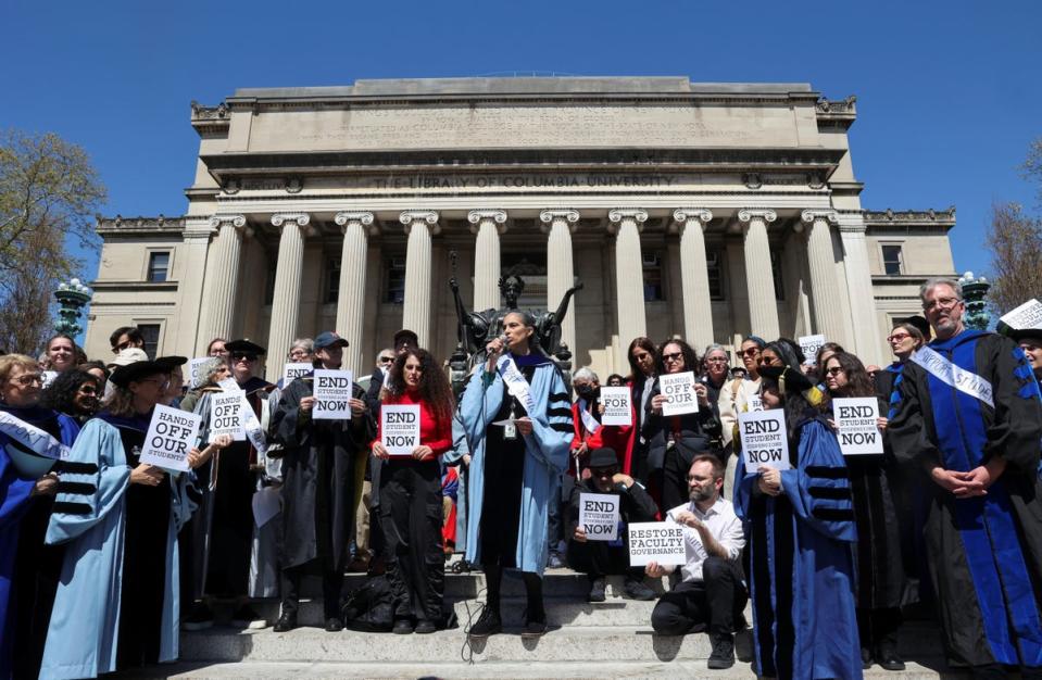 Columbia University faculty members staged a demonstration on Monday, pictured, condemning last week’s arrests of some 100 pro-Palestine student protesters (Reuters)