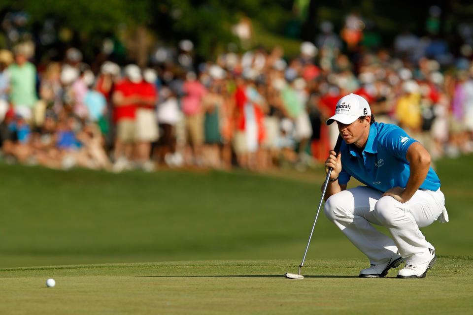 CHARLOTTE, NC - MAY 06: Rory McIlroy of Northern Ireland lines up his putt on the 18th green during the final round of the Wells Fargo Championship at the Quail Hollow Club on May 6, 2012 in Charlotte, North Carolina. (Photo by Streeter Lecka/Getty Images)