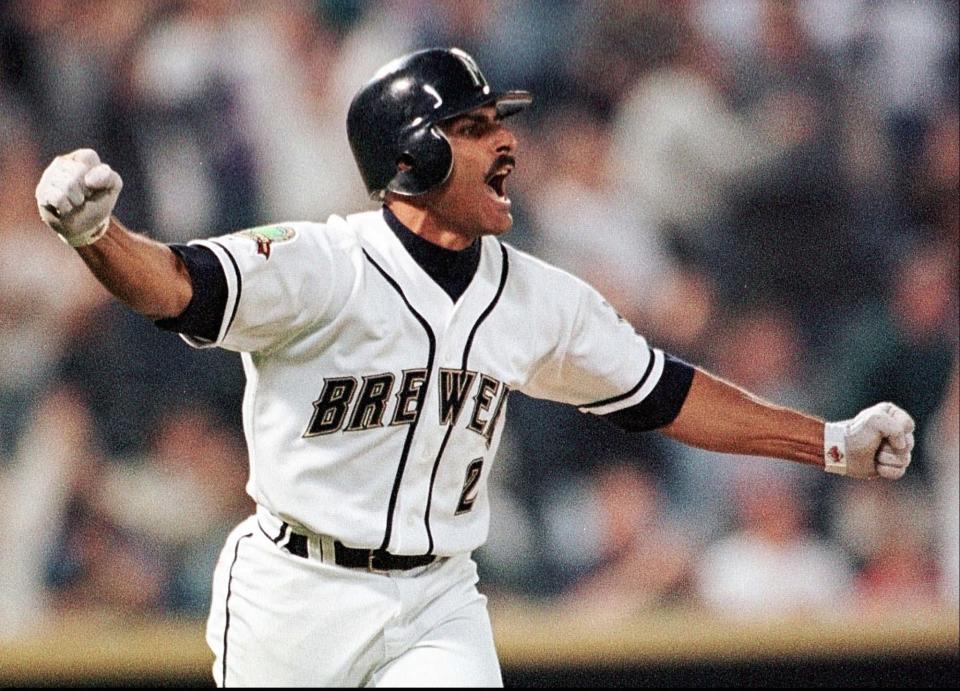 Milwaukee Brewers' Jose Valentin reacts after hitting a game-winning two-run single in the ninth inning Tuesday, May 26, 1998, against the Pittsburgh Pirates in Milwaukee.