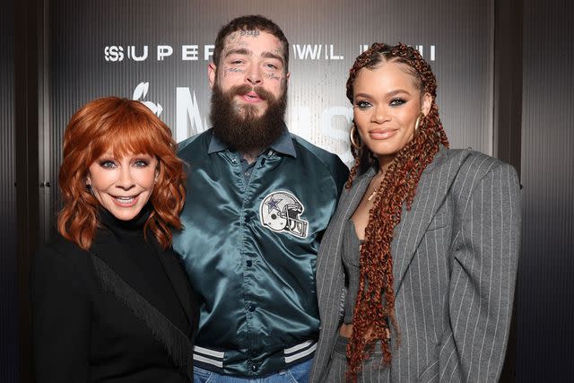 <p>Kevin Mazur/Getty Images for Roc Nation</p> Reba McEntire, Post Malone and Andra Day in Las Vegas on Feb. 8, 2024