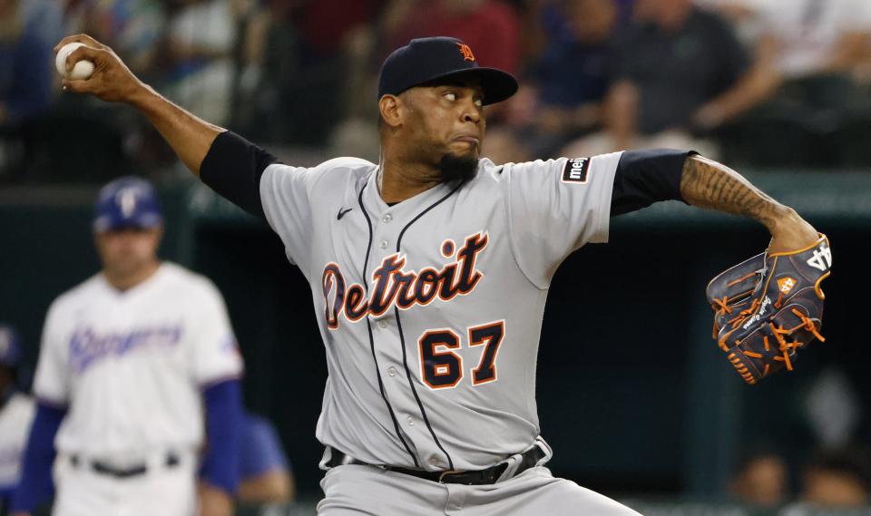 Jose Cisnero #67 of the Detroit Tigers pitches against the Texas Rangers during the seventh inning at Globe Life Field on June 29, 2023 in Arlington, Texas.