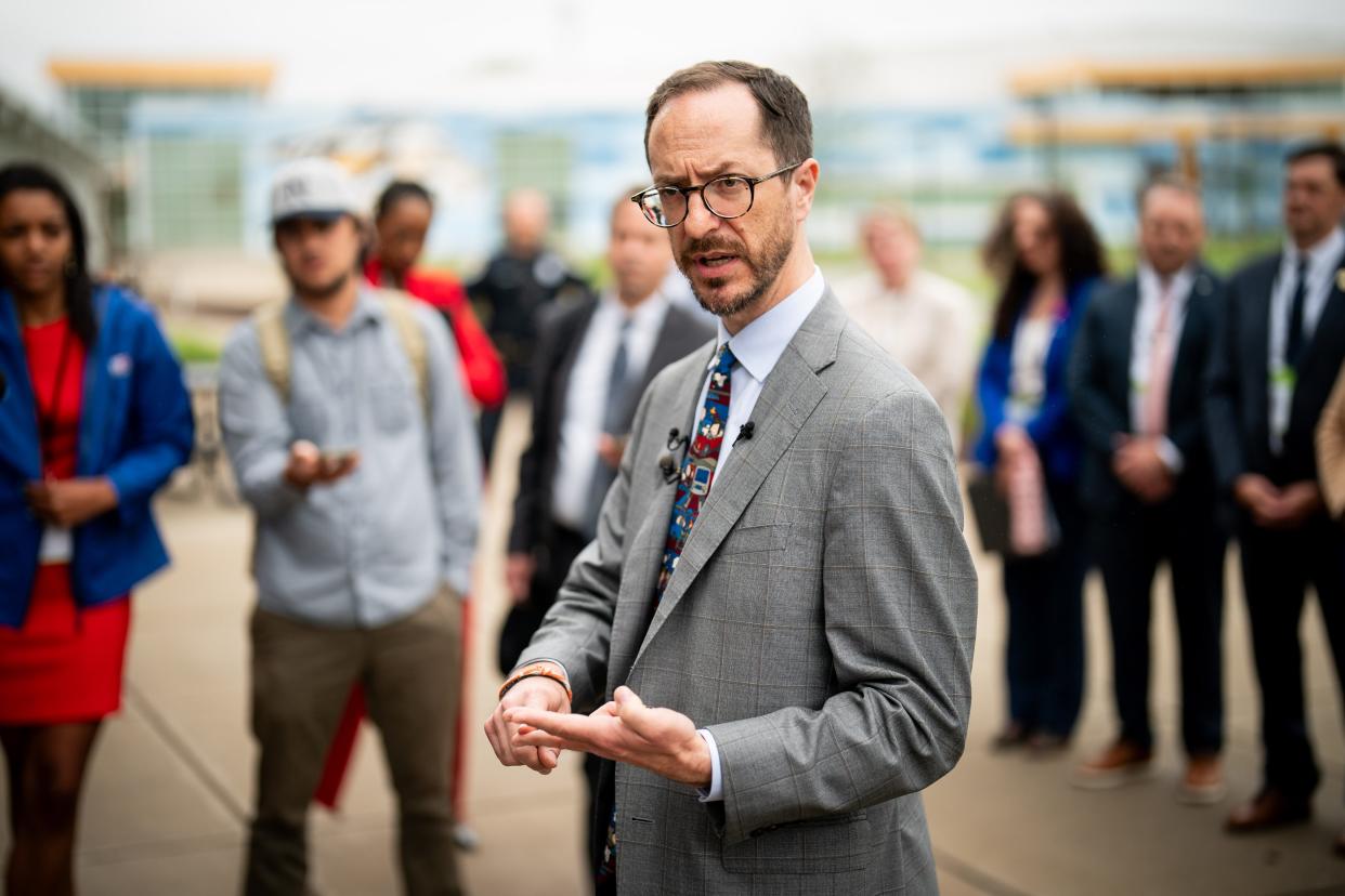 Mayor Freddie O’Connell speaks to reporters about his transportation improvement program at the Southeast Community Center in Antioch, Tenn., Friday, April 19, 2024.