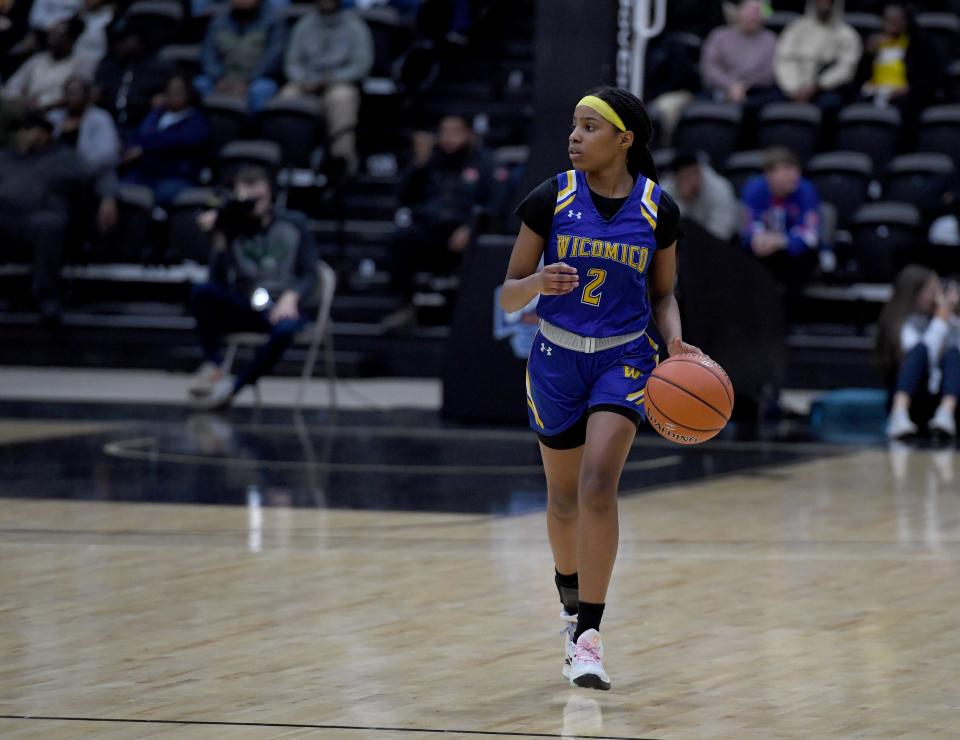 Wi-Hi's Se'Lah Foreman (2) dribbles in the Bayside Championship against Queen Annes Tuesday, Feb. 20, 2024, at the Wicomico Youth and Civic Center in Salisbury, Maryland. Wi-Hi defeated Queens Annes 58-52.