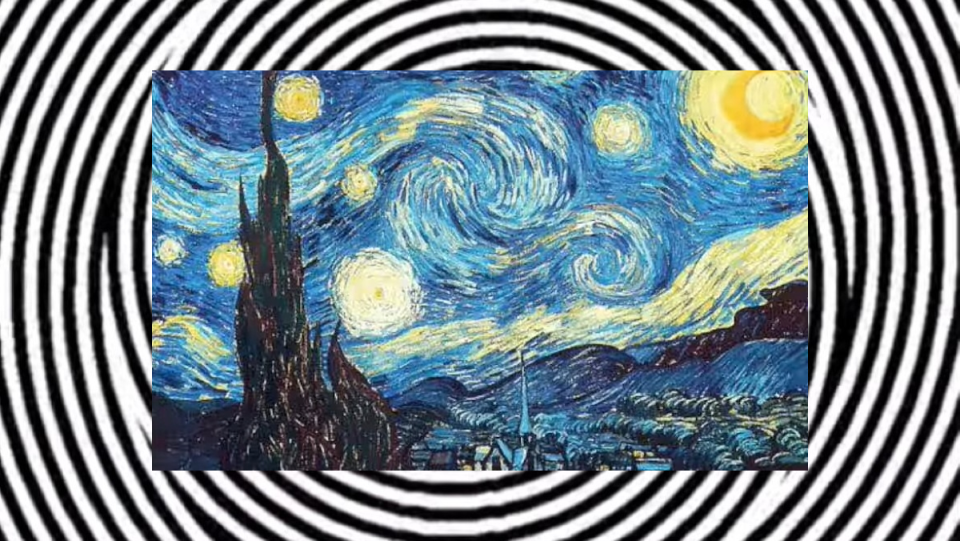 A black and white spiral background with Vincent Van Gogh's The Starry Night centered