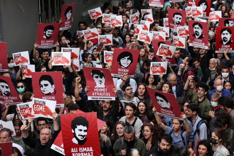 Protest against Turkish court decision that sentenced philanthropist Kavala to life in prison, in Istanbul