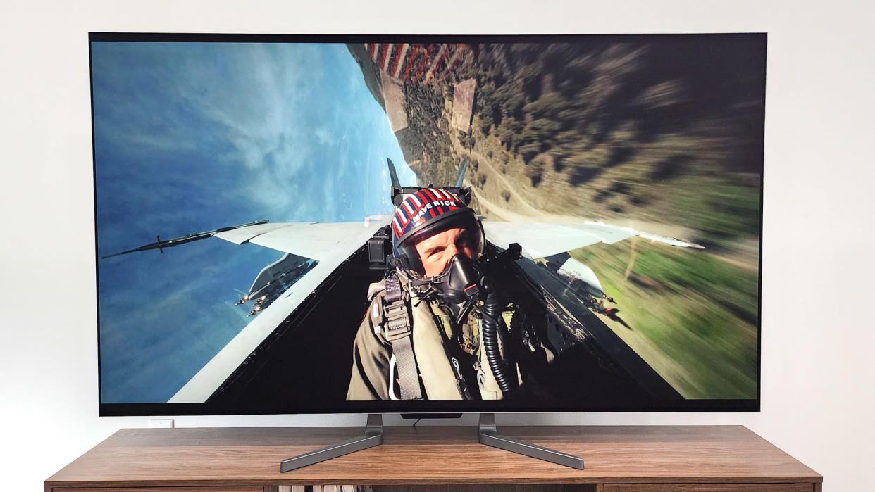  LG M3 OLED shown in living room playing a scene from Top Gun: Maverick. 