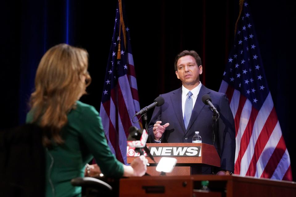 Florida's Republican Gov. Ron DeSantis speaks during a debate with his Democratic opponent Charlie Crist in Fort Pierce, Fla., Monday, Oct. 24, 2022.