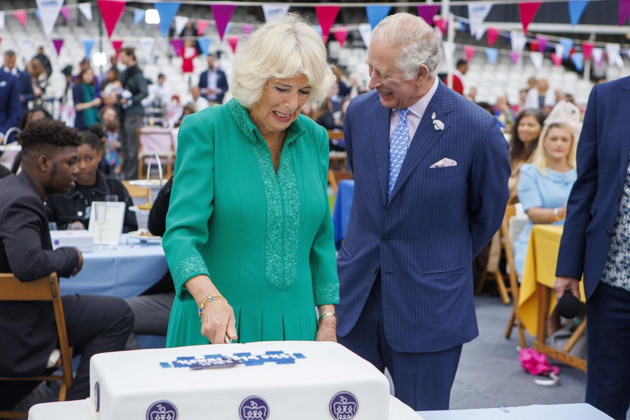 Britain's Prince Charles, right, and Camilla, Duchess of Cornwall as Patron of the Big Lunch, attend a Big Jubilee Lunch at The Oval, Kennington, in London, Sunday, June 5, 2022, on the last of four days of celebrations to mark Queen Elizabeth II's Platinum Jubilee.