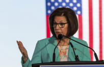 CORRECTS TO SEN. CATHERINE CORTEZ MASTO Sen. Catherine Cortez Masto, D-Nev., speaks at the groundbreaking for a high-speed passenger rail on Monday, April 22, 2024, in Las Vegas. A $12 billion high-speed passenger rail line between Las Vegas and the Los Angeles area has started construction. (AP Photo/Ty ONeil)