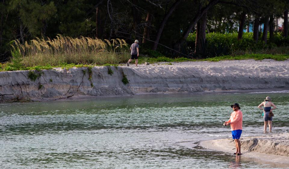 Eroded sand is seen in Blind Pass between Sanibel and Captiva on Thursday June 16, 2022. The parking area and beach area of the Sanibel side is closed due to erosion. Part of the pass has filled in as well.  