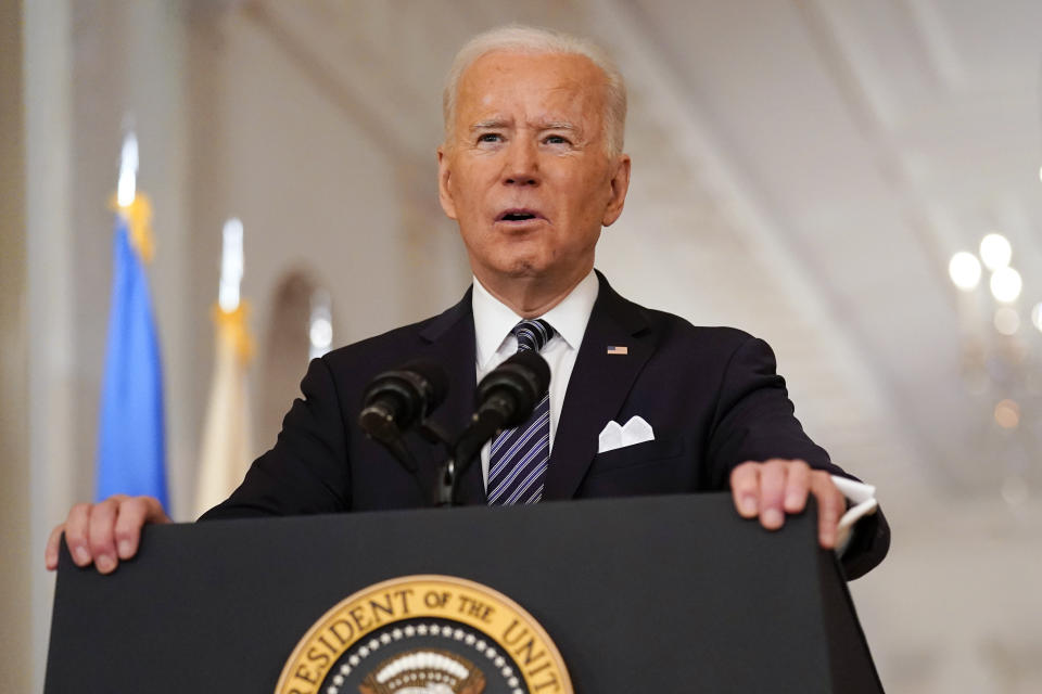 President Joe Biden speaks about the COVID-19 pandemic during a prime-time address from the East Room of the White House, Thursday, March 11, 2021, in Washington. (AP Photo/Andrew Harnik)