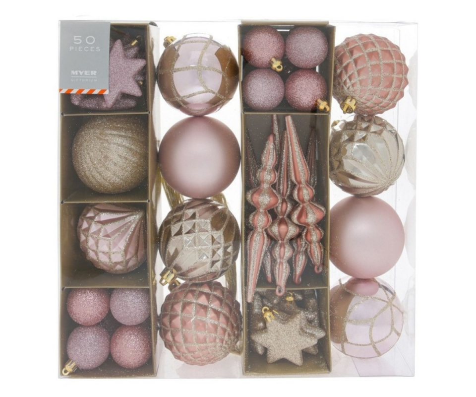 Luxe Assorted Champagne & Pink Shatter-Resistant Ornaments 50pk. Photo: Myer