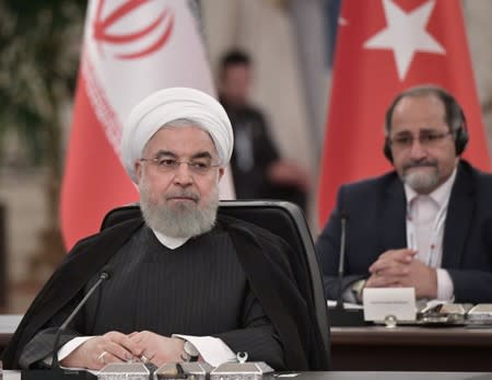 Iranian President Rouhani is seen during trilateral talks with his counterparts Erdogan of Turkey and Putin of Russia in Ankara