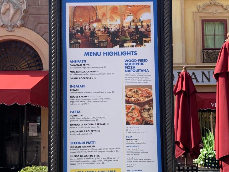 menu outside of via napoli restaurant at disney world epcot world showcase